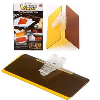 Visor antirreflejo con doble panel oscuro y amarillo para conducción diurna y nocturna. Instalación fácil en el parasol del vehículo.