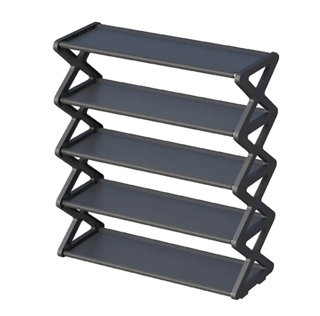 Zapatero organizador de 5 niveles en forma de X, con estructura de acero galvanizado, conectores PP, tela no tejida impermeable y capacidad aproximada para 15 pares.