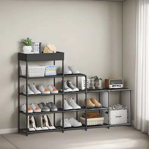 Zapatero organizador de calzado de 5 niveles, desmontable y multiusos. Medidas de 119 x 21 x 81 cm, fabricado en TNT, hierro y plástico para hogar, dormitorio, armario o pasillo.