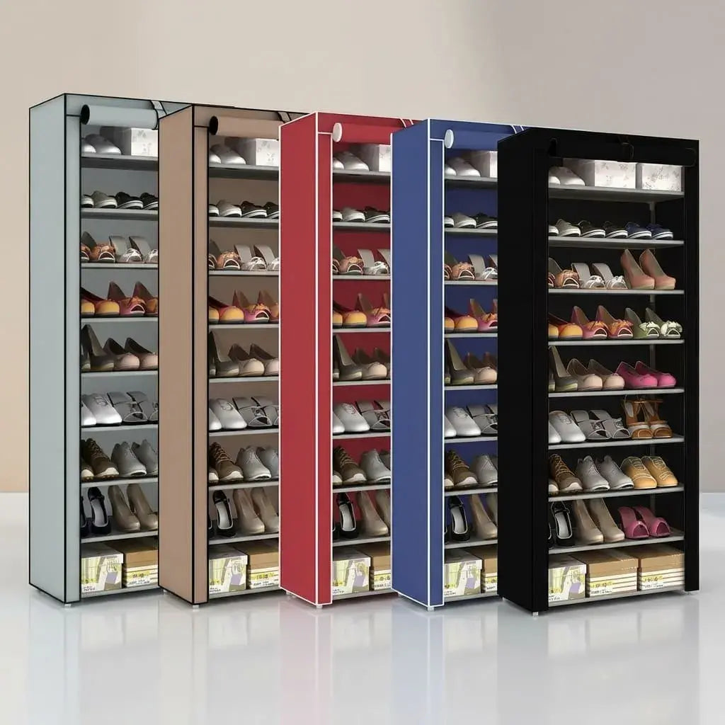 zapatero organizador de tela 9 niveles con estructura metálica, forro protector y capacidad para 25 a 27 pares de zapatos. Ideal para dormitorios y vestidores.