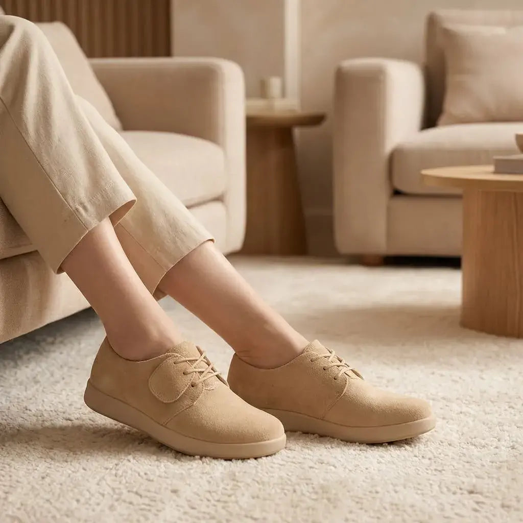 Zapato Elise X1 para mujer con acabado tipo gamuza, cordones y suela gruesa acolchada. Diseño casual elegante, cómodo y versátil para diferentes looks.