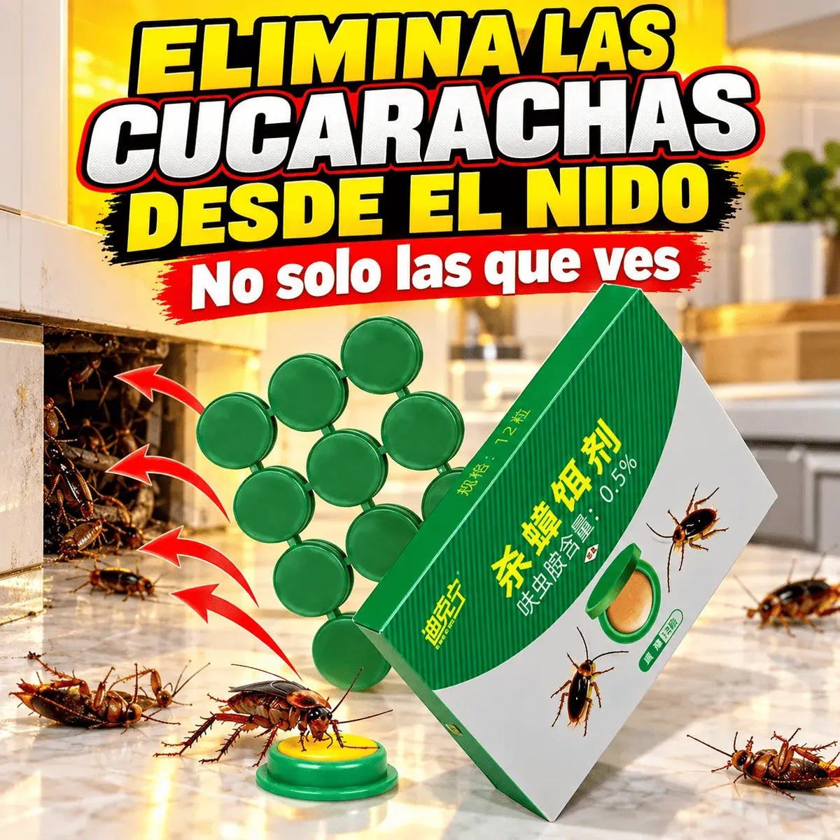 Cebo Matacucarachas en Cápsulas Listo para Usar – Elimina Cucarachas desde el Nido, Bajo Olor, Para Cocina, Baño y Alacenas