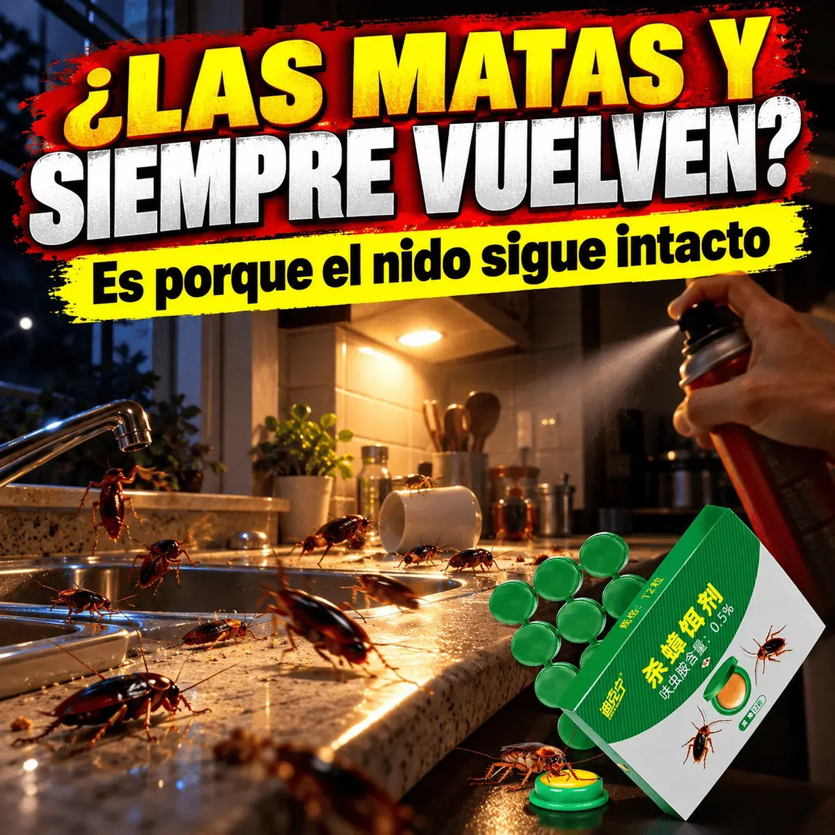 Cebo Matacucarachas en Cápsulas Listo para Usar – Elimina Cucarachas desde el Nido, Bajo Olor, Para Cocina, Baño y Alacenas