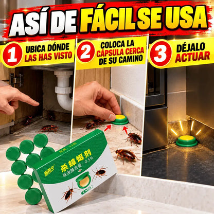 Cebo Matacucarachas en Cápsulas Listo para Usar – Elimina Cucarachas desde el Nido, Bajo Olor, Para Cocina, Baño y Alacenas