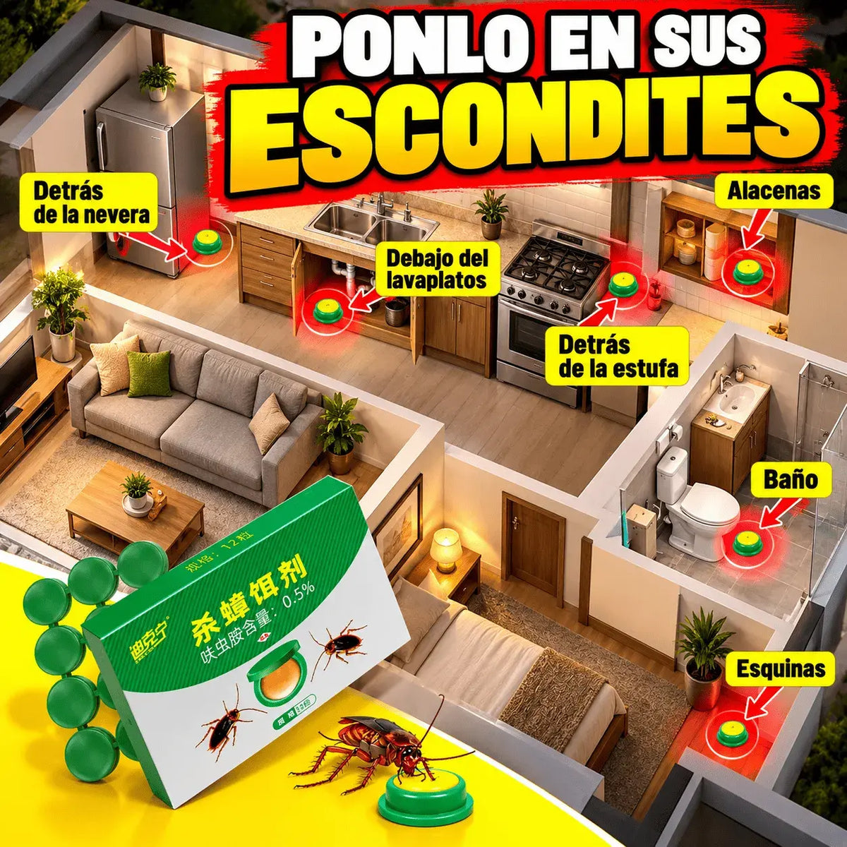 Cebo Matacucarachas en Cápsulas Listo para Usar – Elimina Cucarachas desde el Nido, Bajo Olor, Para Cocina, Baño y Alacenas