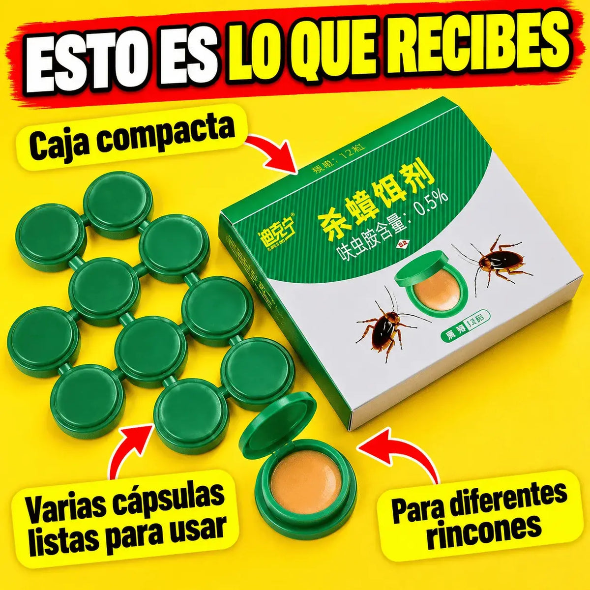 Cebo Matacucarachas en Cápsulas Listo para Usar – Elimina Cucarachas desde el Nido, Bajo Olor, Para Cocina, Baño y Alacenas