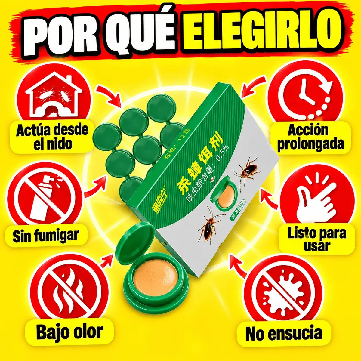 Cebo Matacucarachas en Cápsulas Listo para Usar – Elimina Cucarachas desde el Nido, Bajo Olor, Para Cocina, Baño y Alacenas