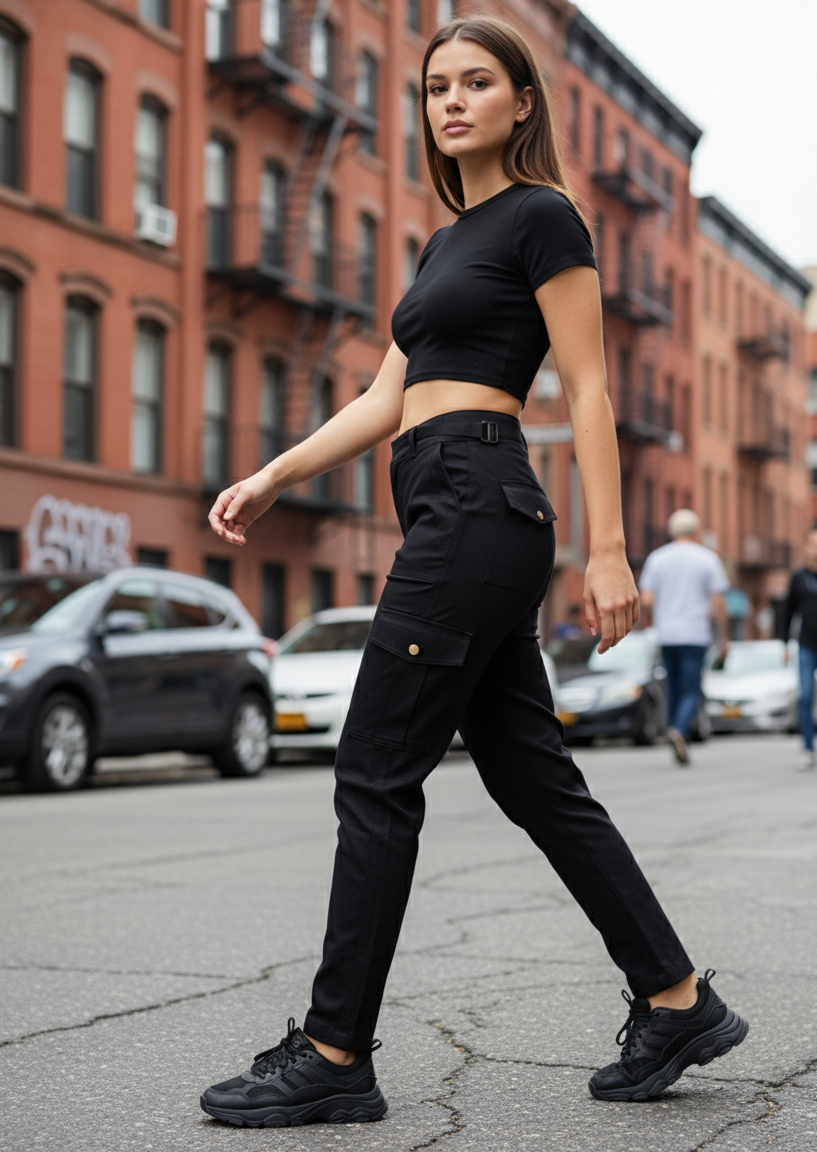 Pantalón cargo para mujer con bolsillos laterales y ajuste con hebillas. Diseño urbano, cómodo y versátil para looks casuales en Colombia.