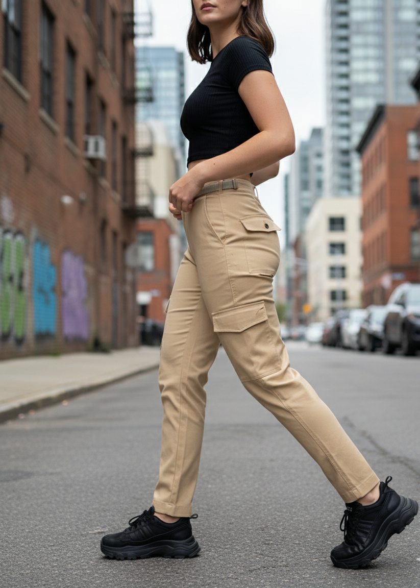 Pantalón cargo para mujer con bolsillos laterales y ajuste con hebillas. Diseño urbano, cómodo y versátil para looks casuales en Colombia.