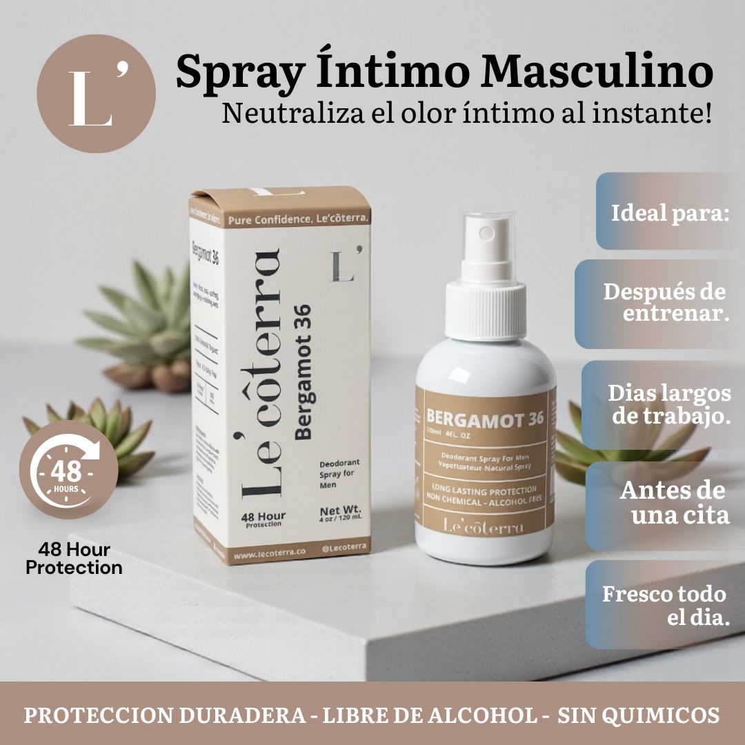 Spray desodorante íntimo Le’côterra frescura duradera controla olores y brinda sensación de limpieza cuidado diario suave y práctico
