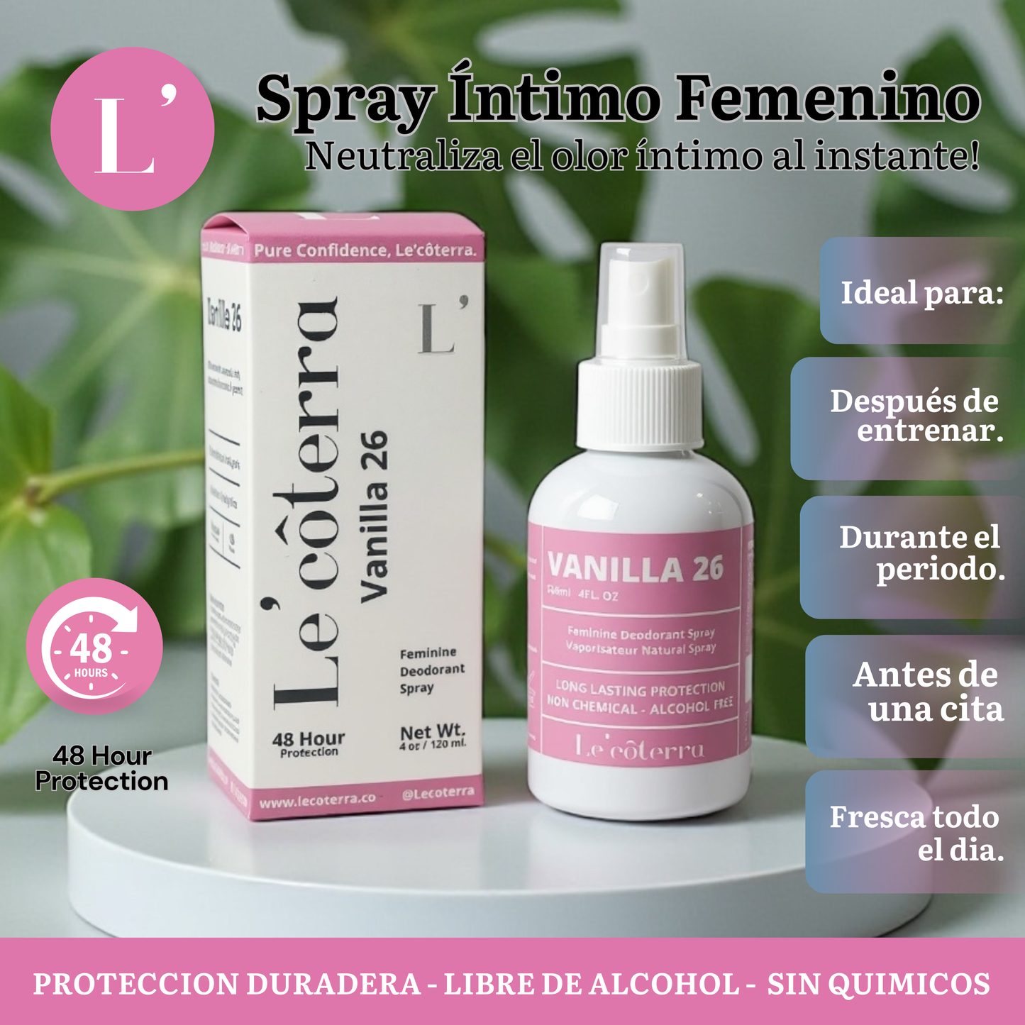 Spray desodorante íntimo Le’côterra frescura duradera controla olores y brinda sensación de limpieza cuidado diario suave y práctico