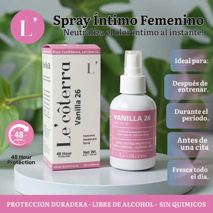Spray desodorante íntimo Le’côterra frescura duradera controla olores y brinda sensación de limpieza cuidado diario suave y práctico