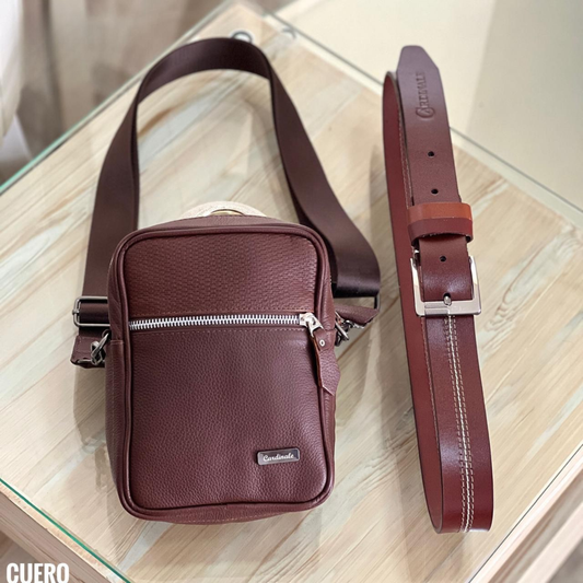 Combo para hombre con bolso en cuero y correa en cuero. Elegante, práctico y resistente para oficina, trabajo, universidad, viajes o regalo.