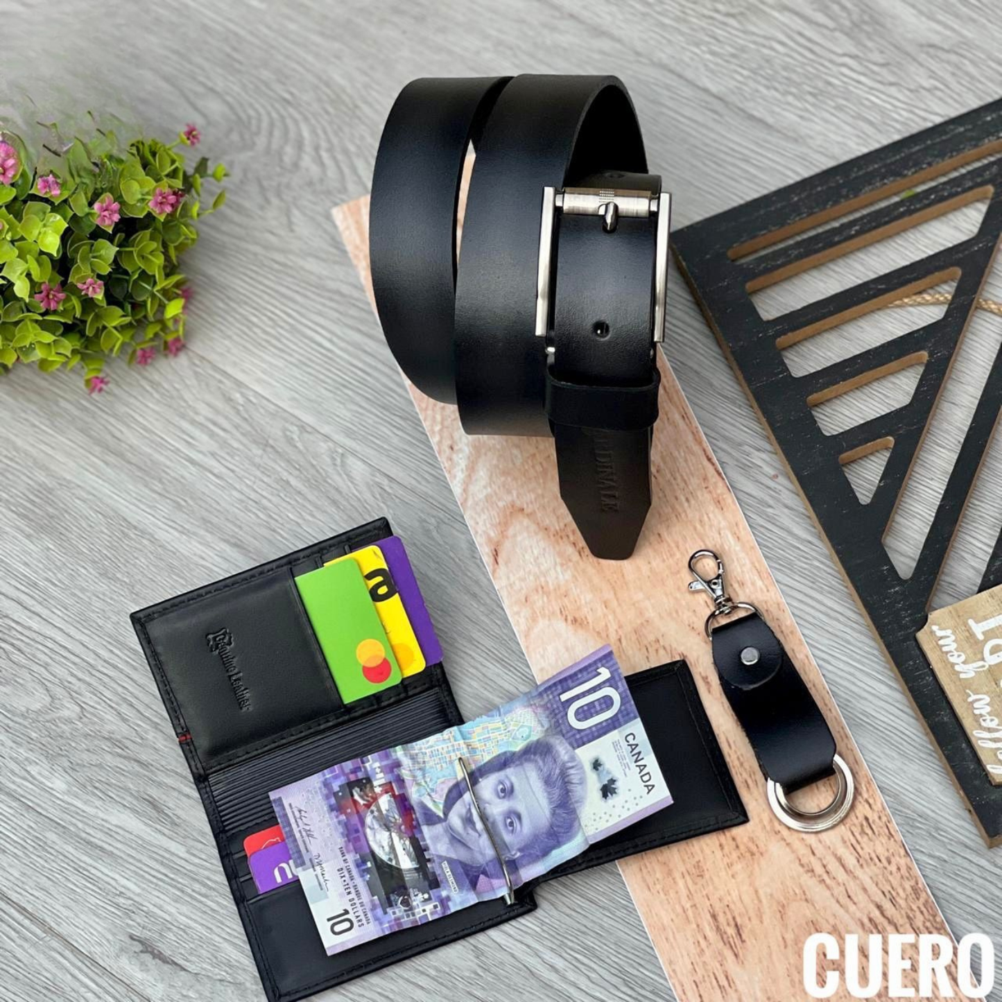Trío Billetera, Correa y Llavero – Set Elegante para Regalo Masculino
