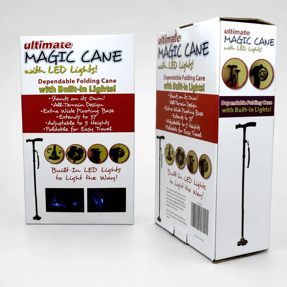 Bastón plegable Magic Cane con luz LED, cinco alturas ajustables y base articulada de cuatro apoyos. Resistente, estable y fácil de transportar.