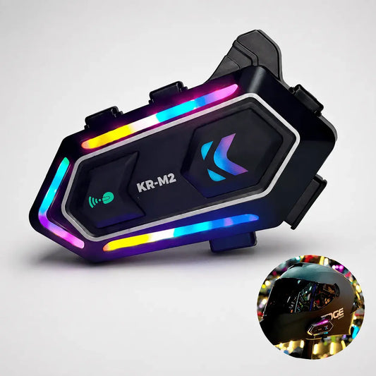 Intercomunicador Bluetooth M2 para casco de moto con Bluetooth 5.3, llamadas manos libres, música, GPS, asistente de voz, IPX6, luz RGB, intercom hasta 1000 m y autonomía de hasta 32 horas.