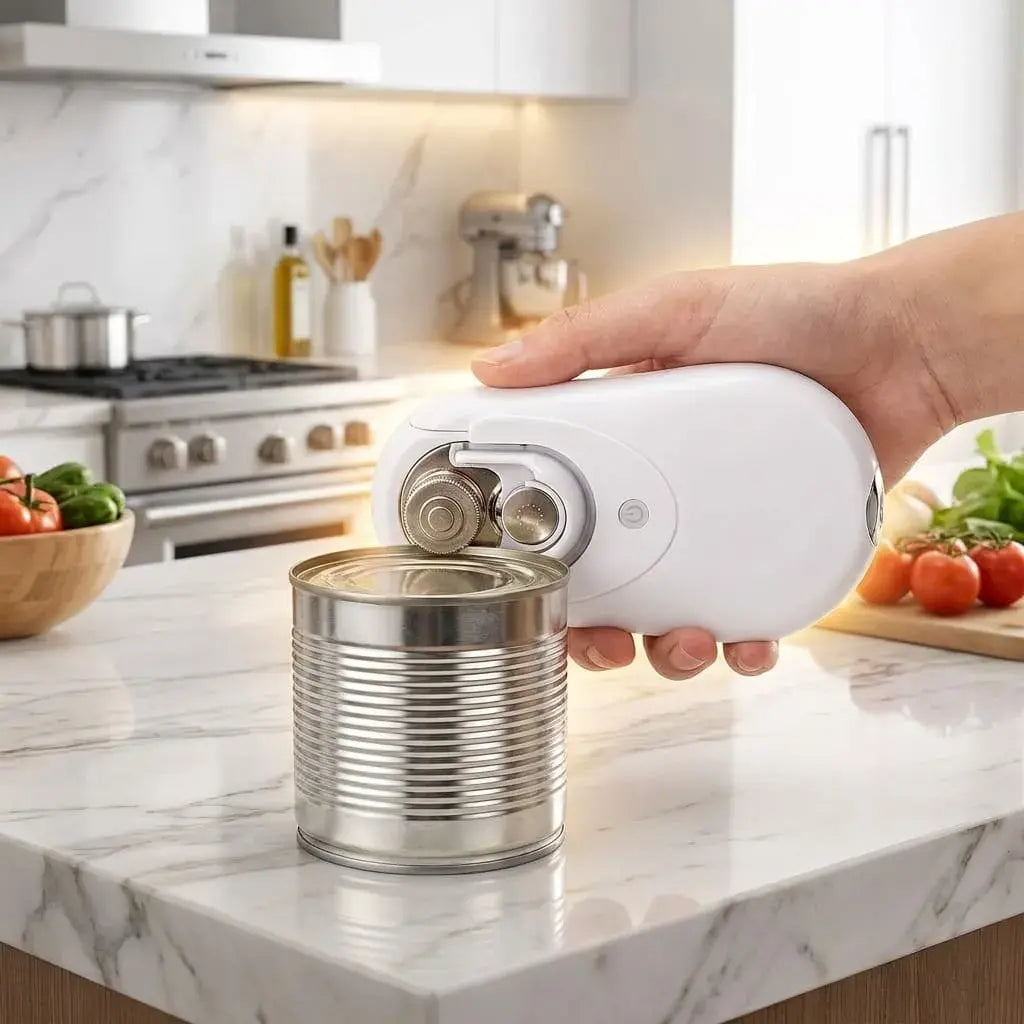 Abrelatas eléctrico automático con un solo botón. Funciona con baterías, fácil de usar y ideal para cocina práctica y sin esfuerzo.