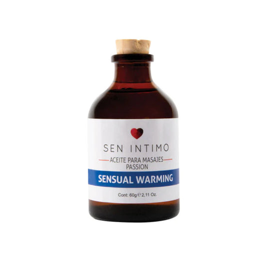 Aceite Warming Passion para masajes corporales de 60 mL, con base acuosa, sensación tibia, fragancia Passion, textura ligera y envase de vidrio con tapa de corcho.