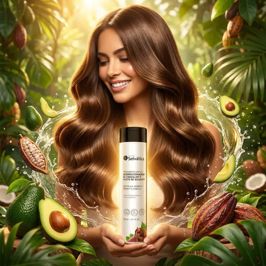 Acondicionador capilar con cacao orgánico y aceite de aguacate que hidrata, nutre y controla el frizz, dejando el cabello suave, brillante y manejable.