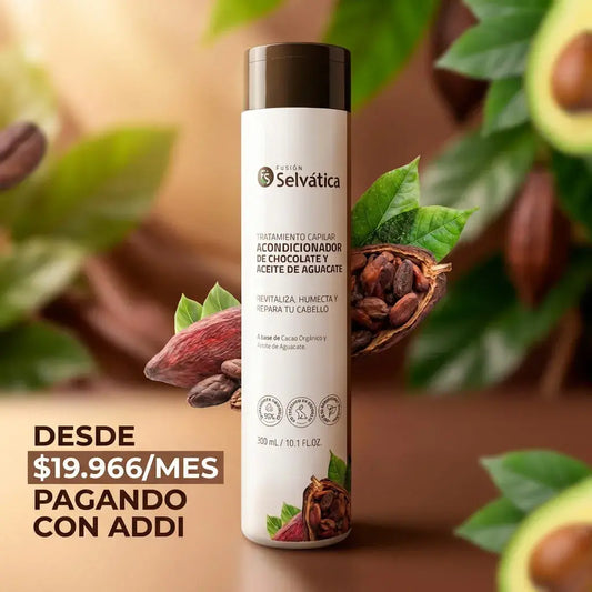 Acondicionador capilar con cacao orgánico y aceite de aguacate que hidrata, nutre y controla el frizz, dejando el cabello suave, brillante y manejable.