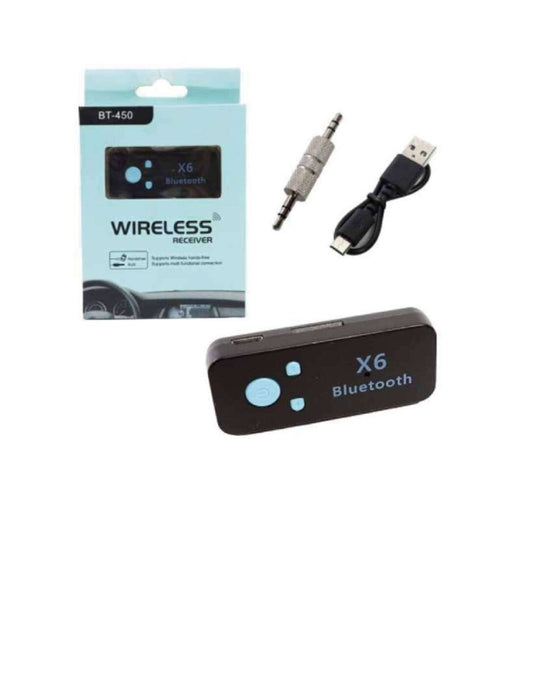 Adaptador Bluetooth X6 para carro con entrada AUX 3.5 mm, micrófono integrado, audio estéreo A2DP, sistema Plug and Play y diseño compacto en plástico ABS.