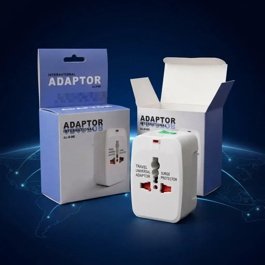 Adaptador universal para más de 150 países compatible con USA, Europa y Reino Unido. Con luz LED indicadora y diseño compacto ideal para viajes internacionales.
