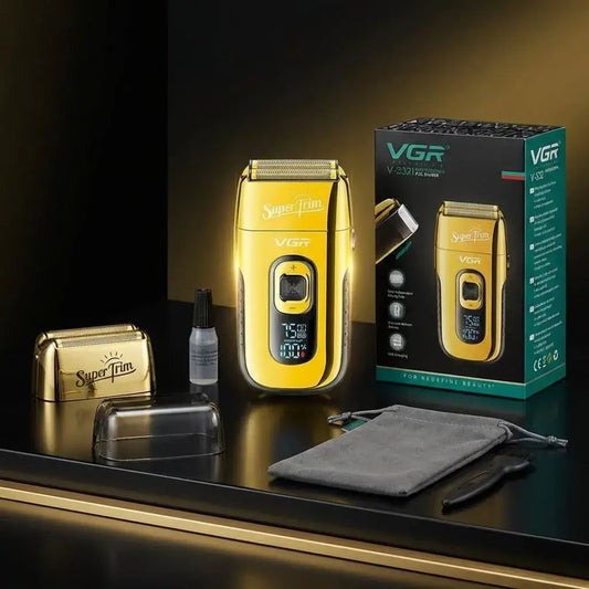 Compra la Afeitadora VGR V-332 Super Trim recargable con pantalla digital. Ideal para afeitado preciso en casa o barbería. Diseño profesional y portátil.