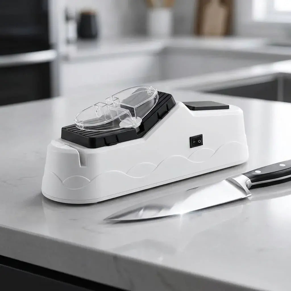 Afilador eléctrico de cuchillos compacto y portátil, ideal para cocina, tijeras y herramientas de corte. Fácil de usar, con base antideslizante y afilado uniforme.