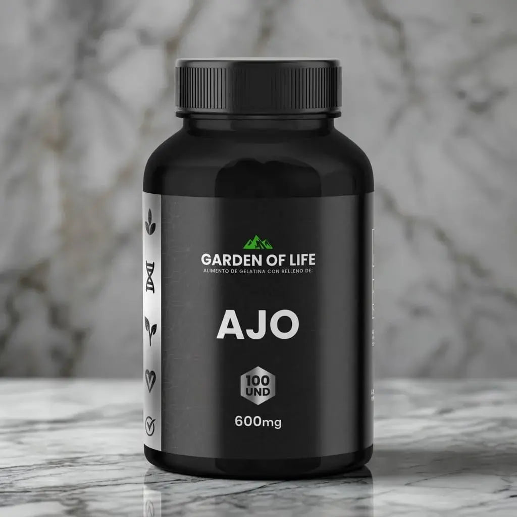 Ajo Garden of Life 600 mg en softgels, frasco oscuro de 360 cc con termosellado de seguridad. Complemento natural para bienestar cardiovascular, defensas y digestión.