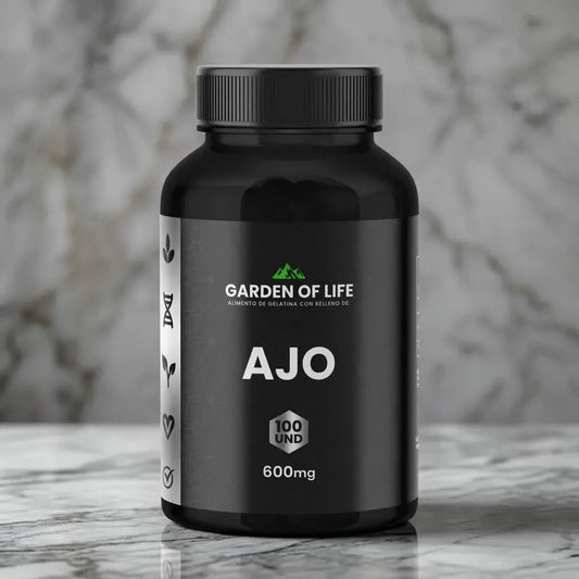 Ajo Garden of Life 600 mg en softgels, frasco oscuro de 360 cc con termosellado de seguridad. Complemento natural para bienestar cardiovascular, defensas y digestión.