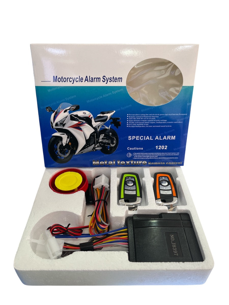 Alarma antirrobo para moto con control remoto y sirena potente. Sistema de seguridad práctico y compatible con múltiples motocicletas.