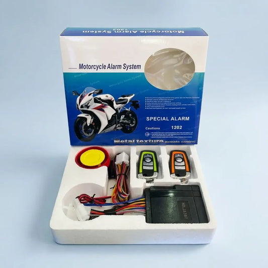 Alarma antirrobo para moto con control remoto y sirena potente. Sistema de seguridad práctico y compatible con múltiples motocicletas.