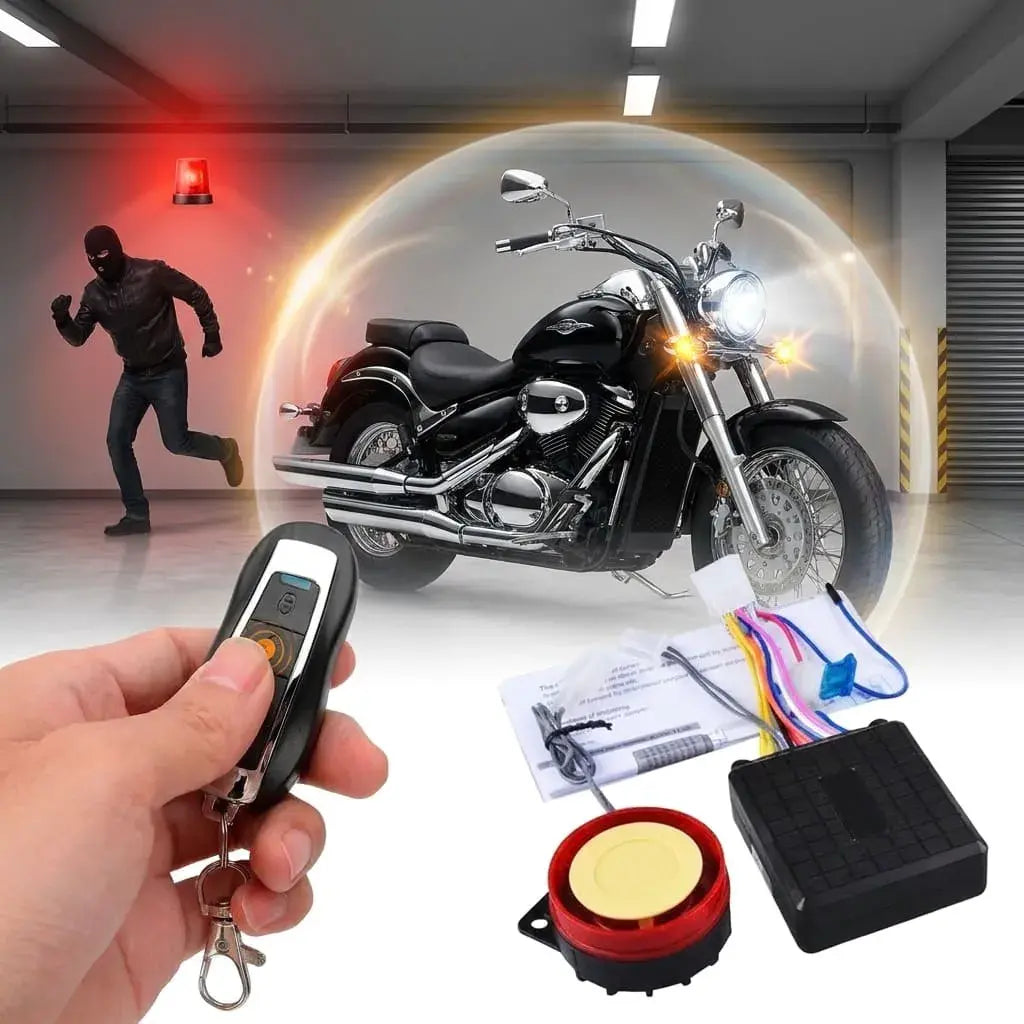 Alarma para Moto Doble Vía con encendido remoto, sirena 120 dB, sensor de impacto, bloqueo, inmovilizador, modo silencioso y control con alerta visual, sonora y vibración.