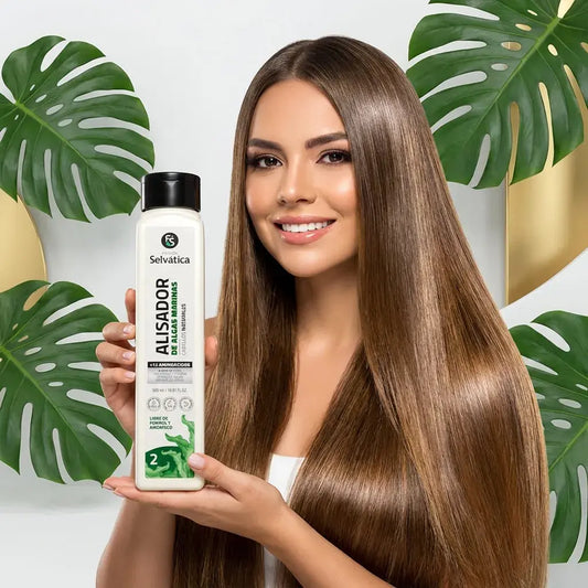 Alisador capilar de algas marinas con alisado progresivo que reduce frizz y volumen, aporta brillo y suavidad, sin formol ni amoníaco.