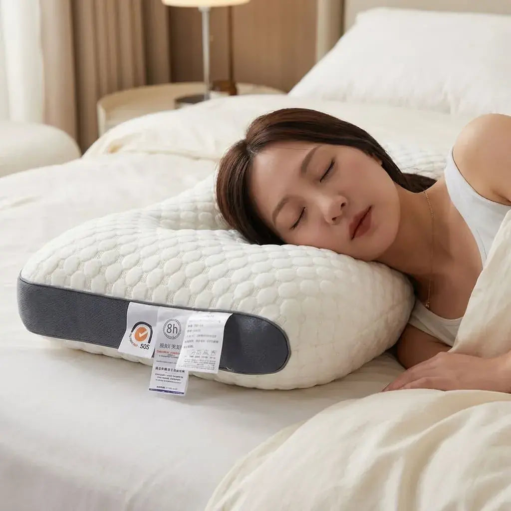 Almohada cervical ergonómica con soporte para cuello, material transpirable, funda desmontable lavable y empaque al vacío. Ideal para descanso cómodo en casa.