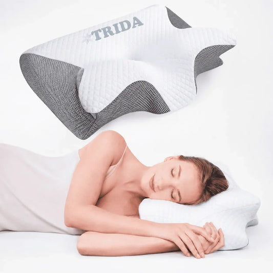 Almohada cervical ergonómica tipo mariposa en Memory Foam, diseñada para brindar soporte al cuello, la cabeza y los hombros al dormir.