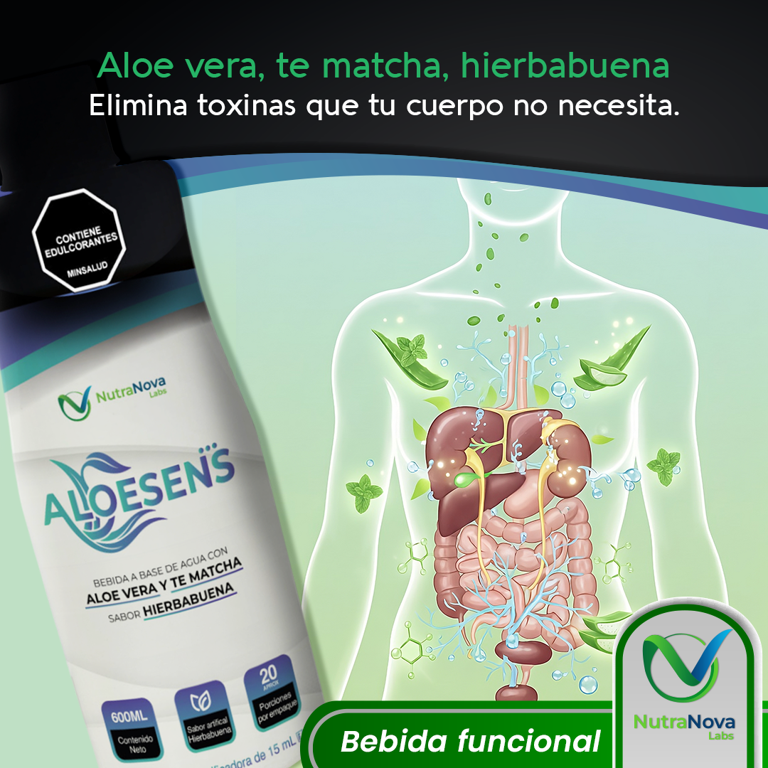 Aloesens bebida funcional con aloe vera, té matcha e hierbabuena, con Registro Sanitario INVIMA, ideal para acompañar el bienestar digestivo, la frescura y la ligereza diaria.