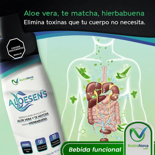 Aloesens bebida funcional con aloe vera, té matcha e hierbabuena, con Registro Sanitario INVIMA, ideal para acompañar el bienestar digestivo, la frescura y la ligereza diaria.