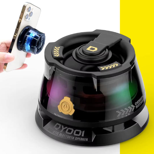 Altavoz Bluetooth magnético portátil V5.3 con controlador de 40 mm, carga Tipo C, hasta 3 horas de reproducción, aro metálico, cuerda y cable USB C incluidos.