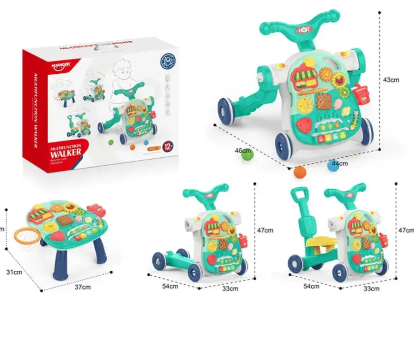 Andadera caminador musical 4 en 1 para bebé con mesa de actividades, carro paseador, patineta, sonidos y juguetes didácticos para estimulación temprana.