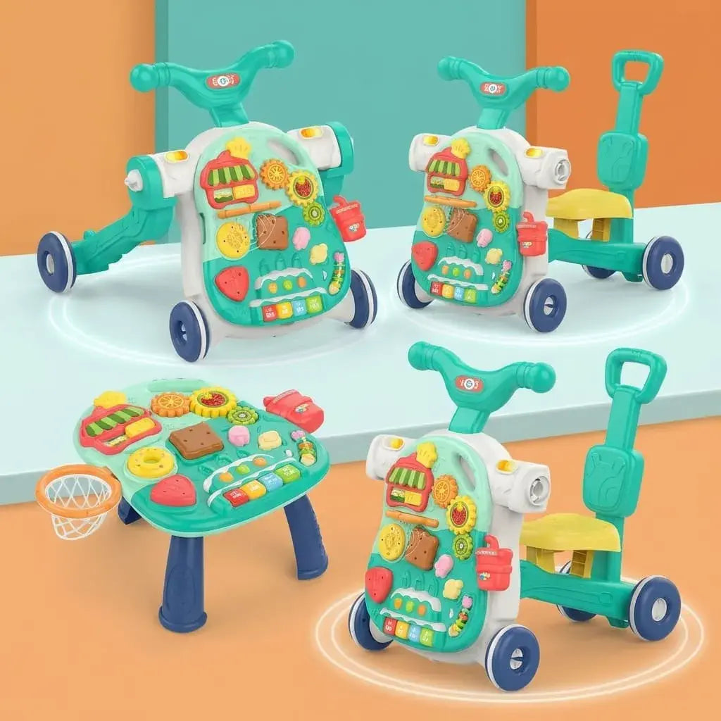 Andadera caminador musical 4 en 1 para bebé con mesa de actividades, carro paseador, patineta, sonidos y juguetes didácticos para estimulación temprana.