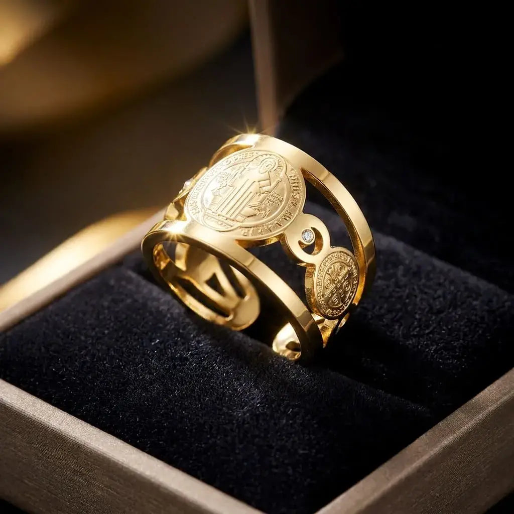 Anillo sello ajustable de San Benito fabricado en cobre galvanizado, con medalla religiosa y caja de regalo incluida.