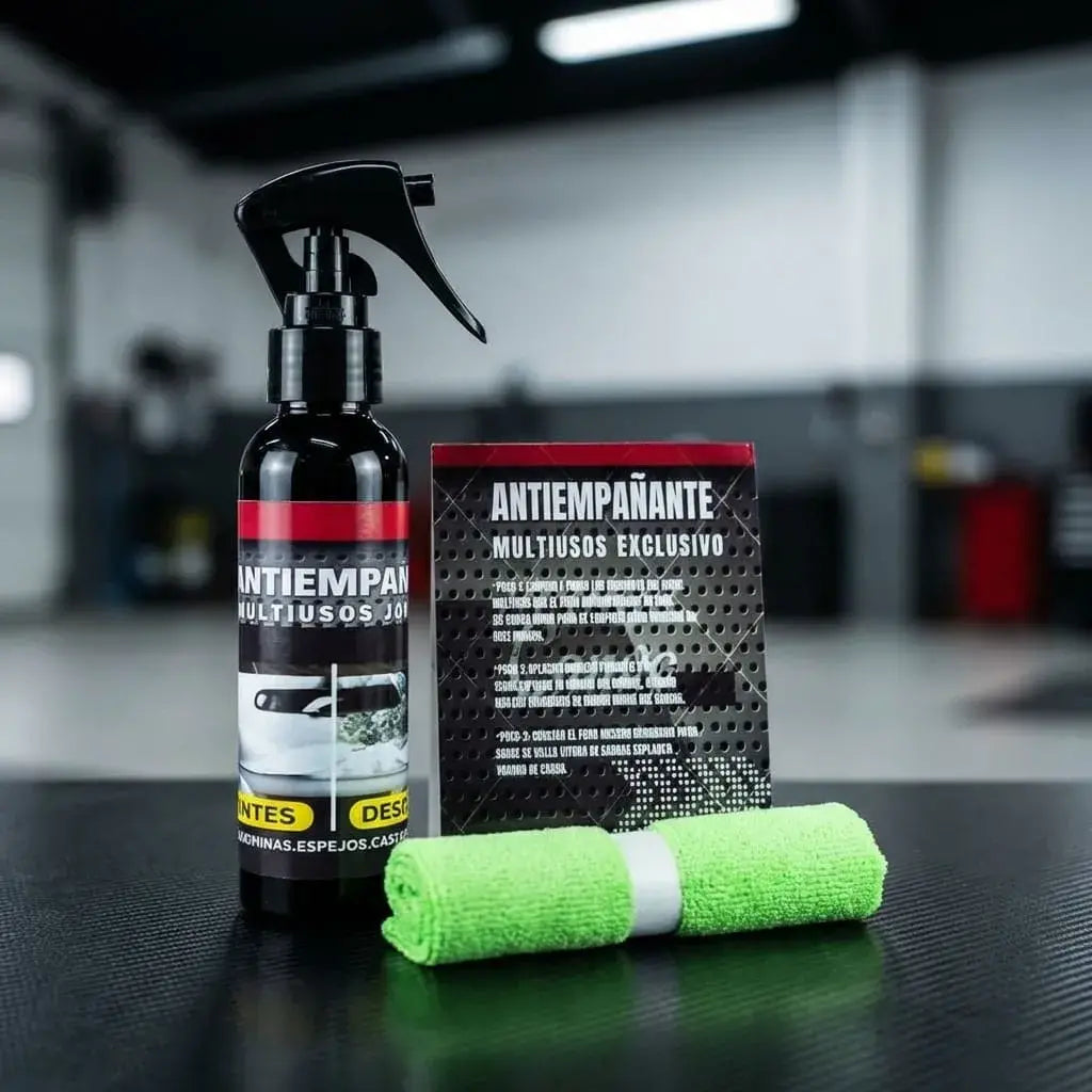 Antiempañante AMU 250 ml con paño que ayuda a prevenir empañamiento y mantener visibilidad clara en gafas, espejos y parabrisas.