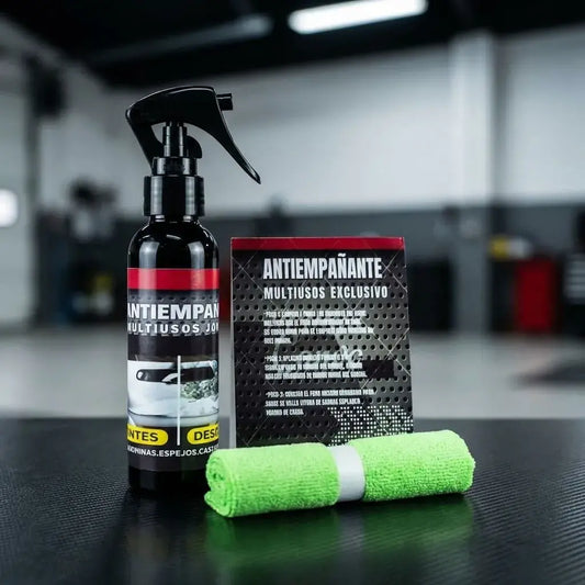 Antiempañante AMU 250 ml con paño que ayuda a prevenir empañamiento y mantener visibilidad clara en gafas, espejos y parabrisas.