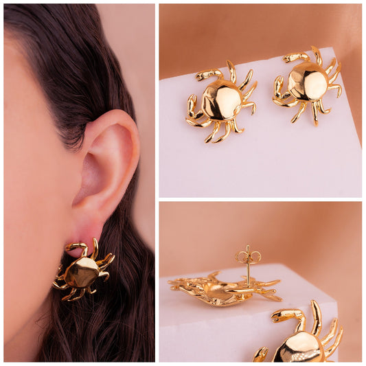 Compra aretes cangrejo dorados para mujer en acero inoxidable, diseño elegante de 2.7 cm, livianos y con estilo llamativo.