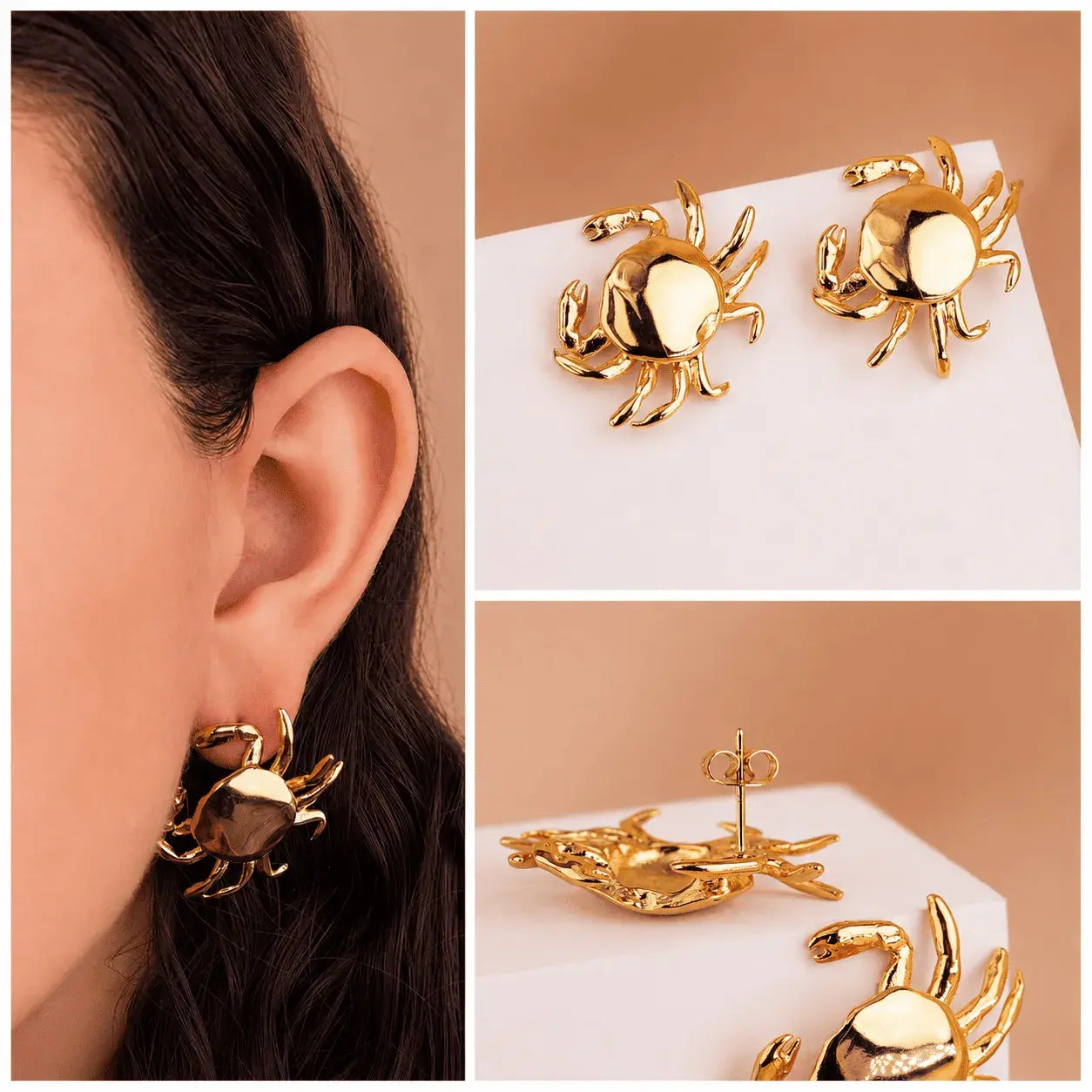 Compra aretes cangrejo dorados para mujer en acero inoxidable, diseño elegante de 2.7 cm, livianos y con estilo llamativo.