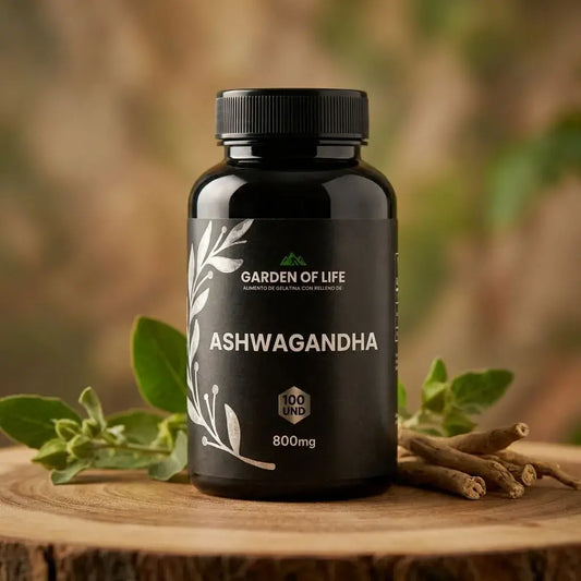 Ashwagandha 800 mg en cápsulas, frasco oscuro de 360 cc con termosellado de seguridad. Complemento natural para bienestar emocional, descanso, energía y concentración.
