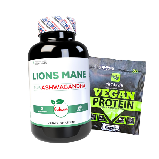 Suplemento vegetal con Ashwagandha, Melena de León y proteína vegana. Ideal para adultos que buscan apoyar claridad mental, equilibrio, bienestar y nutrición diaria.