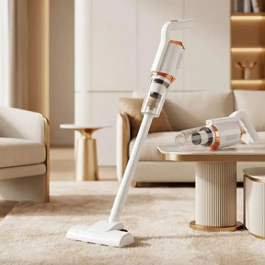 Aspiradora Portátil Inalámbrica 2 en 1 blanca para hogar, oficina y automóvil. Potencia 120W, succión 7500 Pa, depósito de 600 ml y diseño recargable.