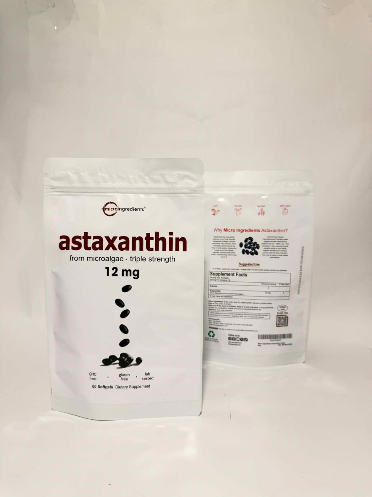 Astaxantina 12 mg de microalgas en softgels, suplemento antioxidante libre de gluten y GMO para acompañar el bienestar celular, visual, físico y de la piel dentro de una rutina saludable.